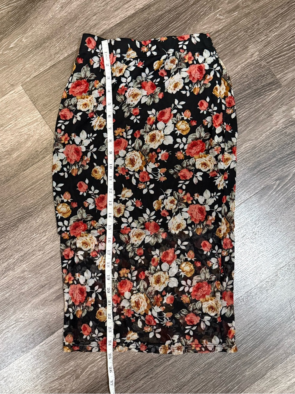 Floral Black Pencil Skirt with Red & Cream Blooms